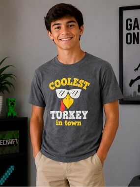 INSTANT MESSAGE Youth XL Gray White Short Slv T-Shirt “Coolest Turkey in Town”